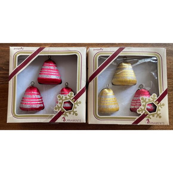 Set of 6 Vintage Pyramid Satin Bell Hanging Ornaments 4 Red 2 Yellow Boxed - Picture 5 of 6